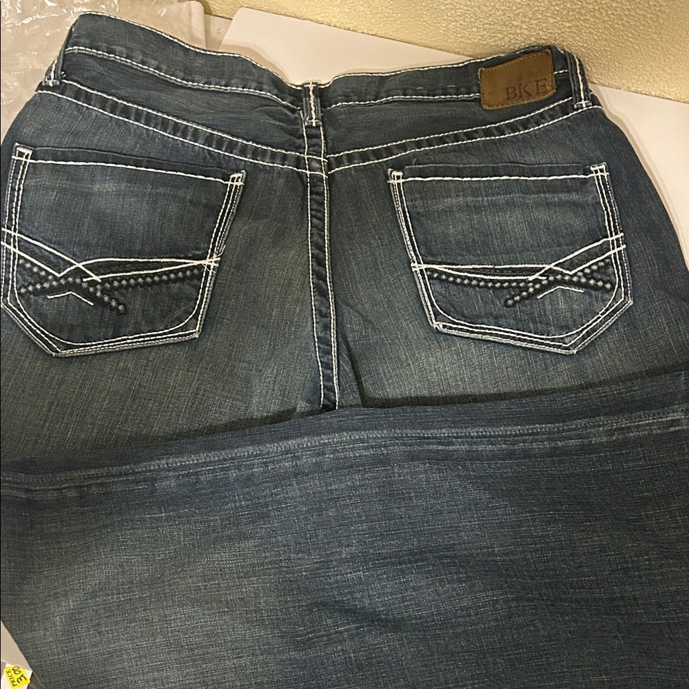 BKE Boot Cut Jeans in Dark Blue with White Contrast Stitching